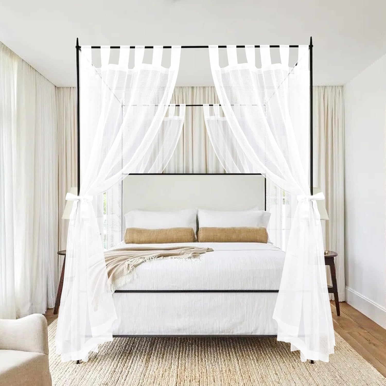 8 Panels Canopy Curtains White Canopy Bed Curtains for King Full/Queen and Twin Bed Frame,Four Poster Bed Canopy Curtains Drapes,Sheer Canopy Bed Drapes with Top and Self-Adhesive Velcro(42
