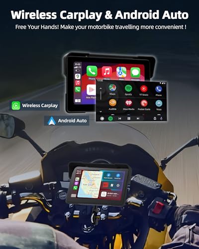 Motorcycle CarPlay & Android Auto 7 inch Motorcycle DVR Wireless Carplay Screen for Moto with Dual 2K Cameras GPS Navigation for Motorbike, Remote Control, Voice Control, Bluetooth, TF-64G