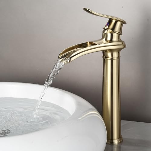 Bathroom Vessel Sink Faucet, Waterfall Oil Rubbed Bronze Bathroom Faucet, Vessel Faucet, Tall Body 1 Hole Single Handle with Pop Up Drain Combo Vanity Mixer Tap Basin Bowl Sink