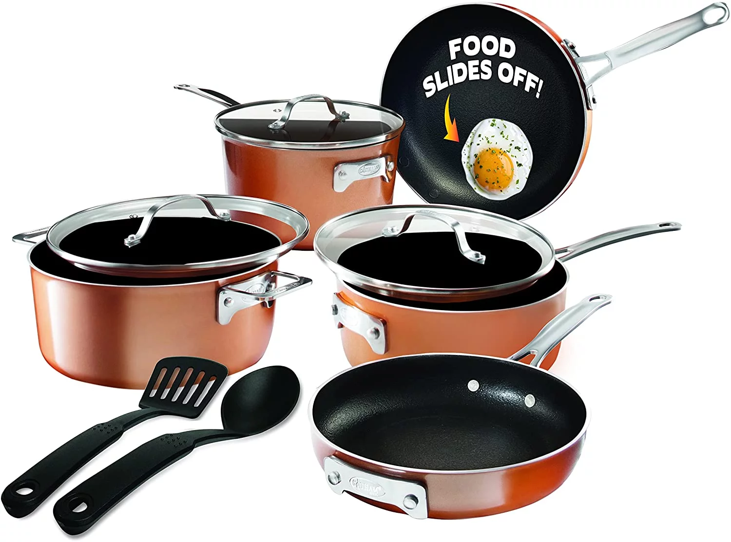 Gotham Steel Stackable Pots and Pans Stackmaster 10 Piece Cookware Set with Ultra Nonstick Cast Texture Ceramic Coating, Copper