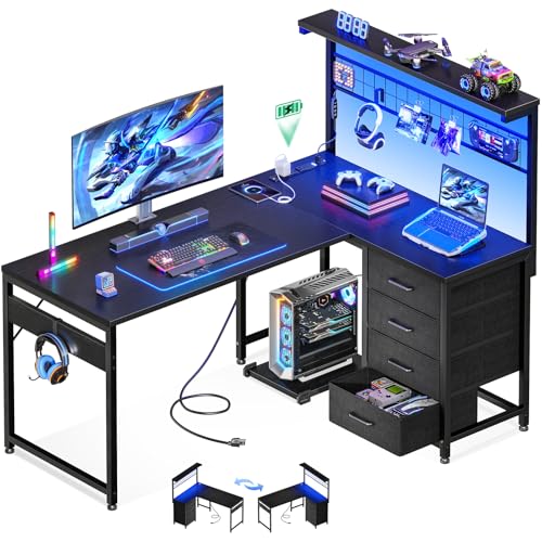 MOTPK L Shaped Gaming Desk with Shelf & 4 Drawers, 43