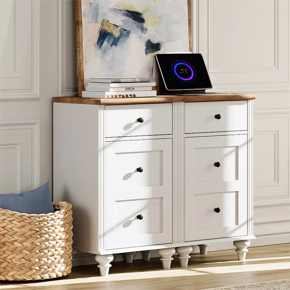 Set of 2 Nightstand with Charging Station, Bedside Table Built-in Outlets, Wood End Table with Drawer and Storage for Living Room, Bedroom,Off-White