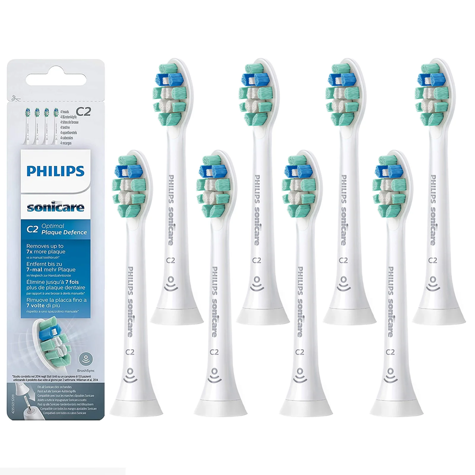 C2 Optimal Plaque Defence Toothbrush Head, Compatible with Philips Sonicare Electric Toothbrush Brush Heads, HX9024, White, 8 Pack