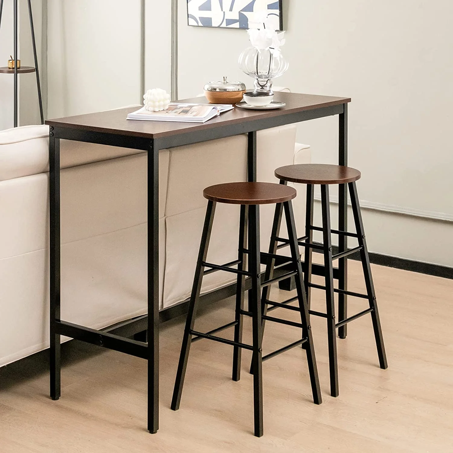 TJUNBOLIFE 3-Piece  Table Set - 36" H Counter Height Table w/ 2 Round Stools  Space Saving Design  Kitchen Breakfast Dining Table Set for Living Room  Dining Room  Pub  Bistro (Black