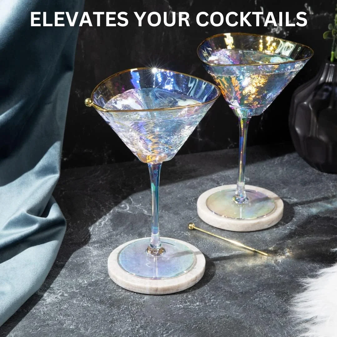 Iridescent Handmade Hammered Martini Glasses With Rim - Rim Martini Glasses Set Of 2 And 2 -Plated Cocktail Picks. Celebrate Life One Glass At A Time