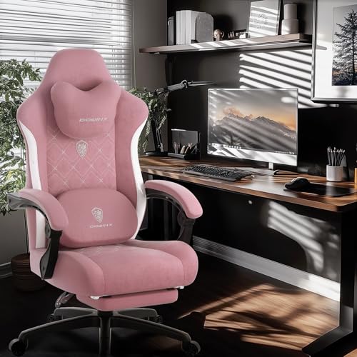 Dowinx Fabric Gaming Chair with Heated Massage Lumbar Support, Computer Game Chairs for Adults, Big Tall Gamer Chair with Pocket Spring Cushion and Footrest, Recliner Gaming Chairs for Adult,Pink