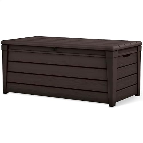 Keter Outdoor Storage Deck Box, for Patio, Backyard & Garden, Brightwood, 120 Gal, Brown - Lockable, Organizing, and Waterproof Plastic Container Bench