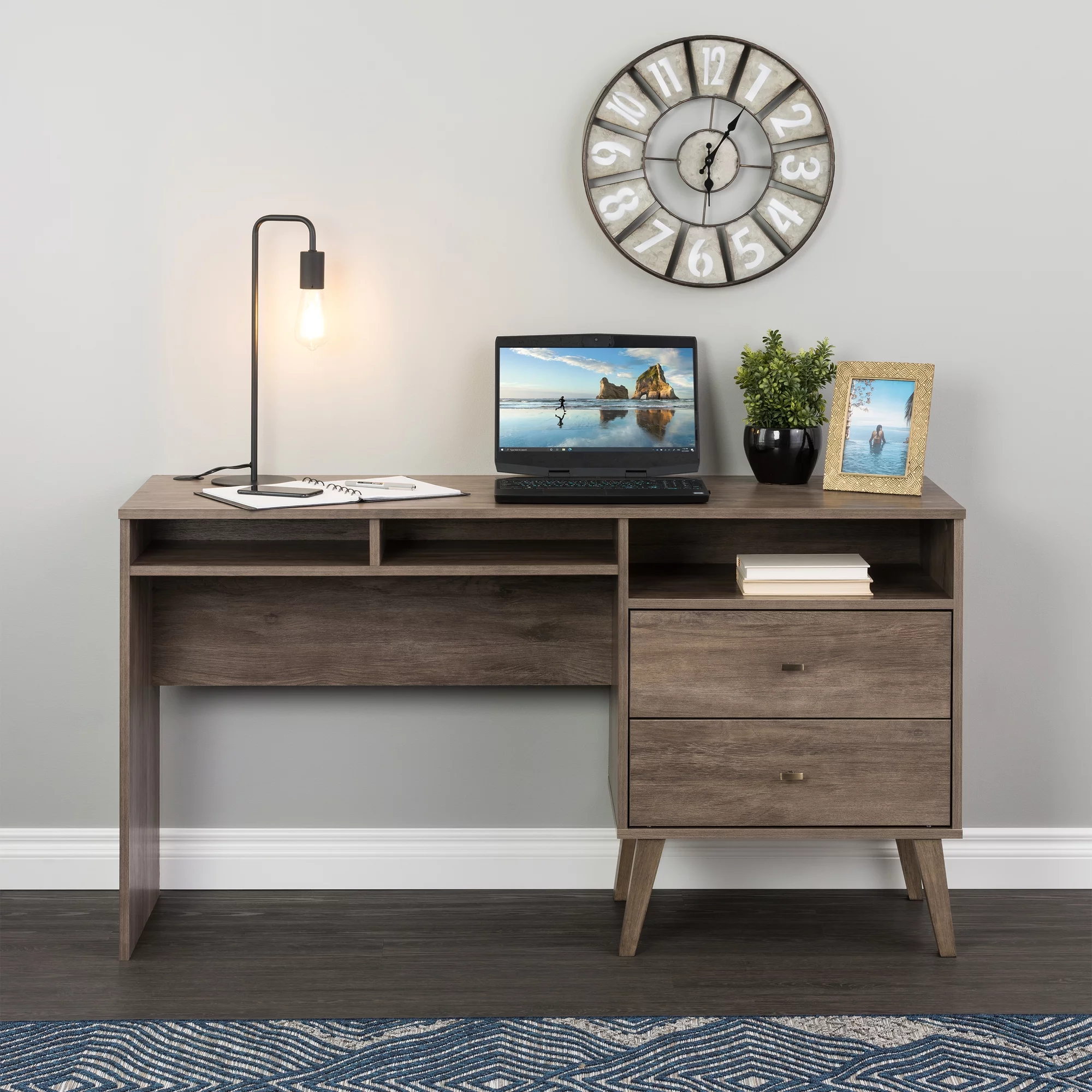Prepac Milo Mid Century Modern Computer Desk with Side Storage and 2 Drawers, Drifted Gray