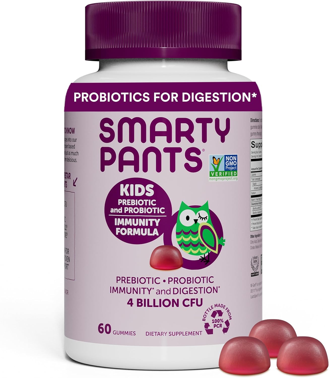 SmartyPants Kids Probiotic Immunity Gummies: Prebiotics & Probiotics for Digestive Health and Immune Support Supplement, Gluten Free, Vegan, Grape Flavor, 60 Count (30 Day Supply)