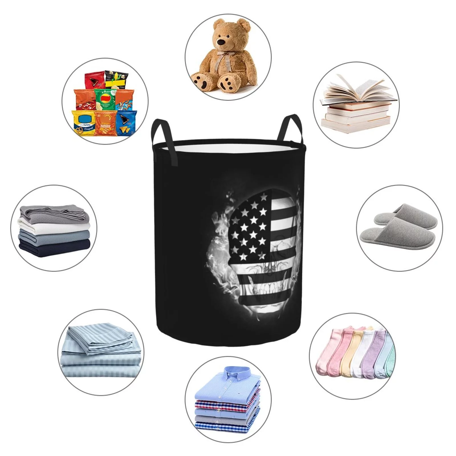 XMXT Collapsible Laundry Basket, American Flag Skull Print Waterproof Laundry Hamper, 62L Black