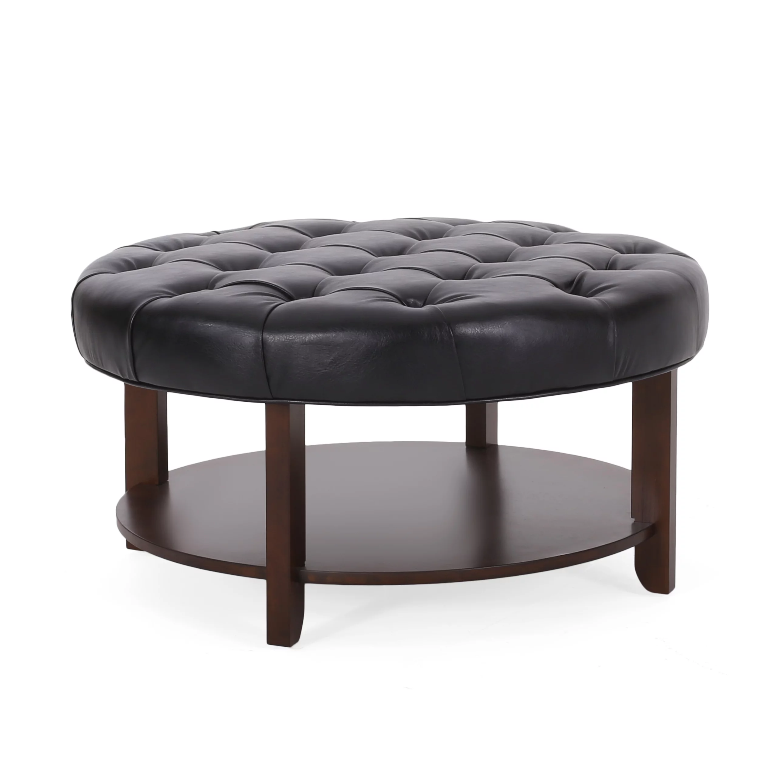 Noble House Aldrich Faux Leather and Wood Tufted Round Ottoman with Open Shelf, Midnight Black and Espresso