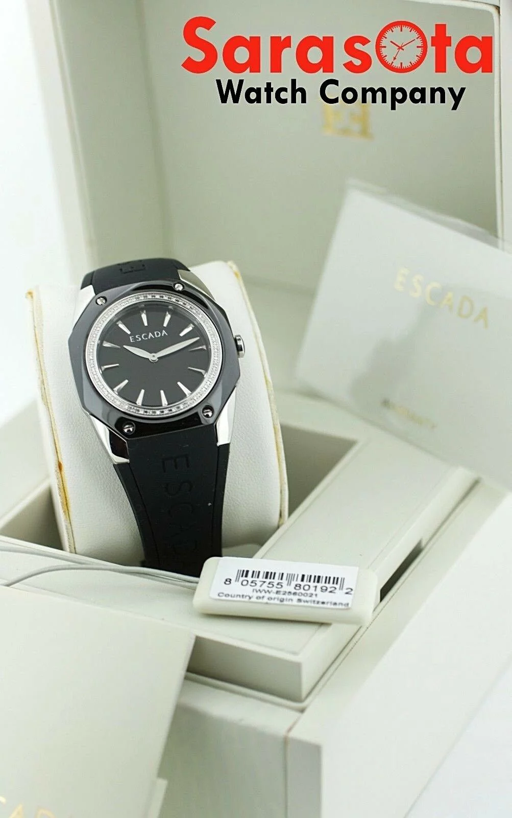 ESCADA Naomi Black Ceramic Steel Case Diamond Bezel Rubber Quartz Wrist Watch