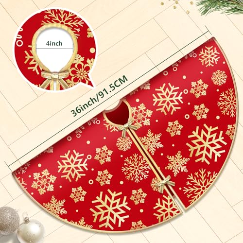 DeckTheHalls Christmas Tree Skirt 36 Inch, Snowflake Round Red Tree Skirt, Christmas Tree Skirts for Christmas Party and New Year Party, Xmas Tree Skirt Cover for 4-6ft Christmas Tree Decoration
