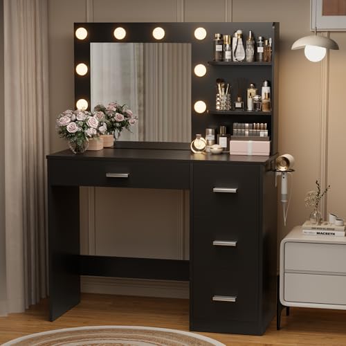 YESHOMY Vanity Desk with Mirror, 10 Lights, Power Outlet and 3 Storage Shelves, Makeup Table with 4 Drawers, 3 Color Modes, for Bedroom, White