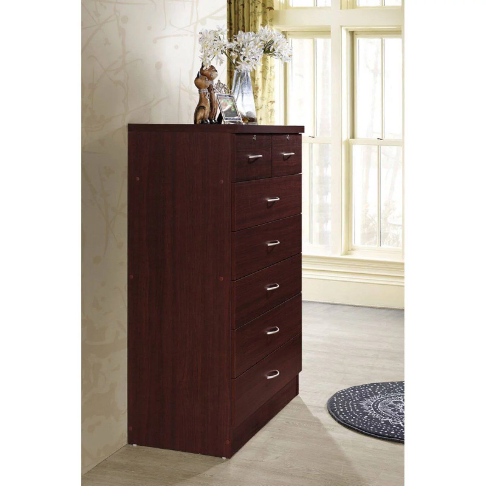 Hodedah 7 Drawer Wooden Jumbo Dresser Chest with 2 Top Locks, Cherry