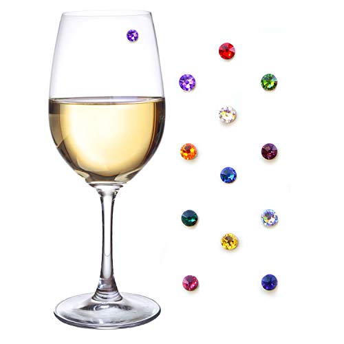 Simply Charmed Crystal Magnetic Wine Glass Charms Set of 12 Glass Markers that Work on Stemless Glasses - Gift/Storage Box Included