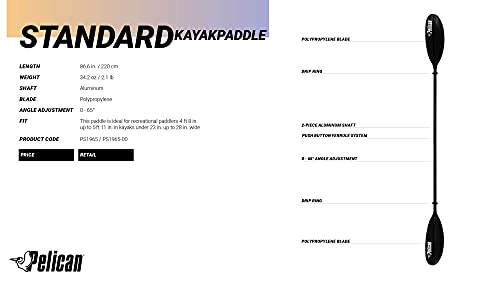 Pelican- Standard Kayak Paddle - Aluminum Shaft and a Durable Polypropylene Blade - 0/65° Blade Angle - with Drip Ring