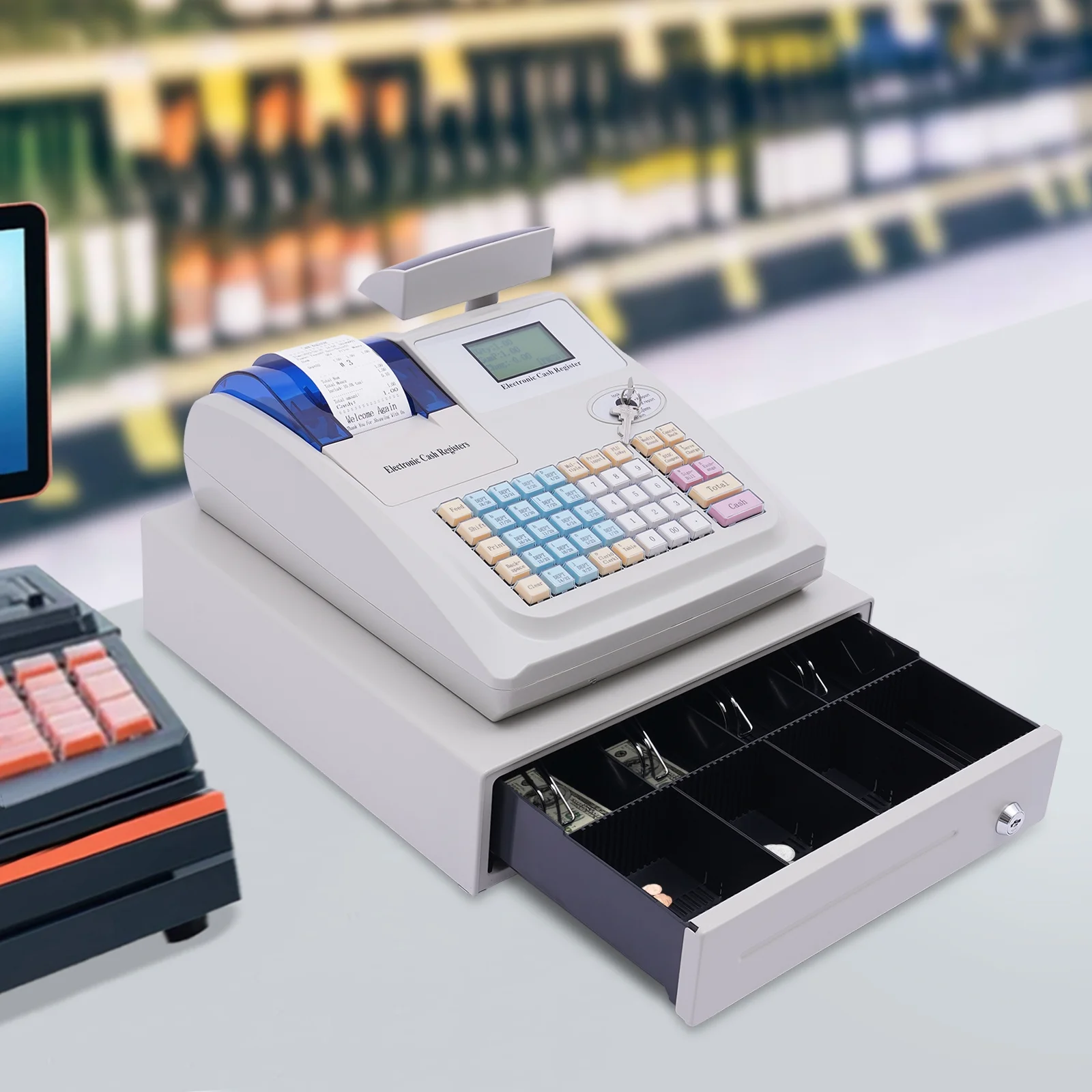 Miumaeov Multifunctional Electronic Cash Register, 48 Keys Cash Management System with Thermal Printer LED Display for Retail, Restaurant, Shop, Supermarket