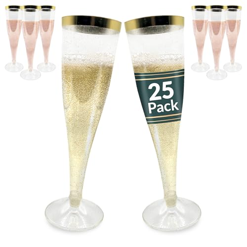 Reli. Champagne Flutes Plastic | 25 Pack | 4.5 oz - Gold Rim & Glitter | Premium Plastic Champagne Flutes | Party-Perfect for Celebrations