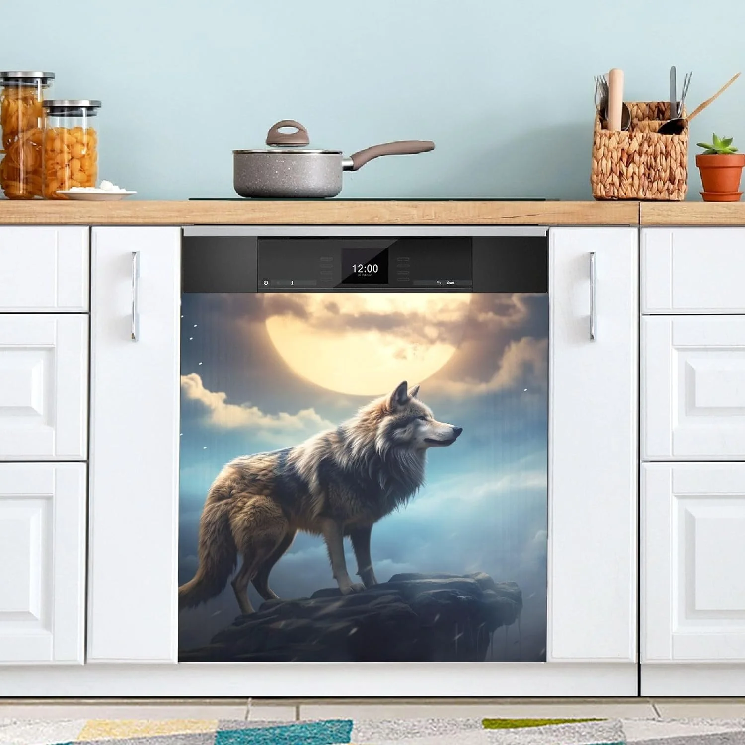 Coolnut Magnetic Dishwasher Stickers Night Wolf Pattern Kitchen Dishwasher Cover Sticker, Panel Decal Home Cabinet Appliances Stickers 23in W x 26in H Home Decor