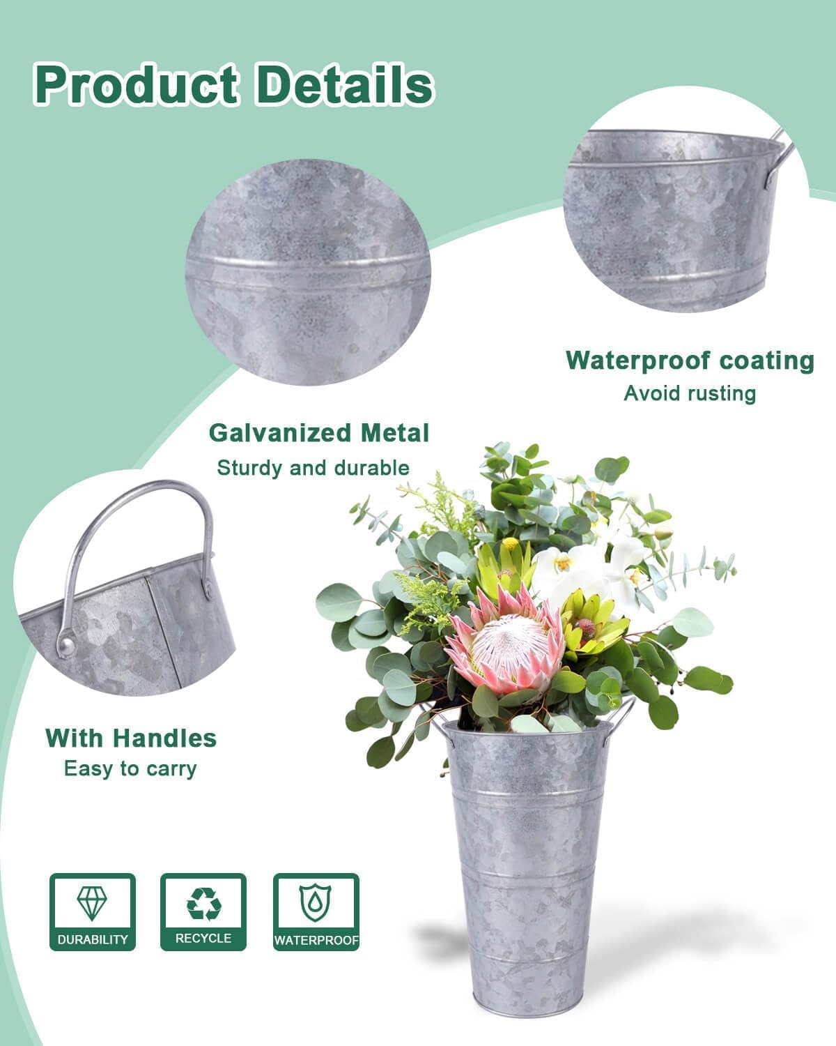 12 Inch Galvanized Metal Vases with Handles - 6 Pcs Farmhouse Decorative Metal Container for Flowers, Rustic Metal Bucket Planters for Wedding Decor (Silver)