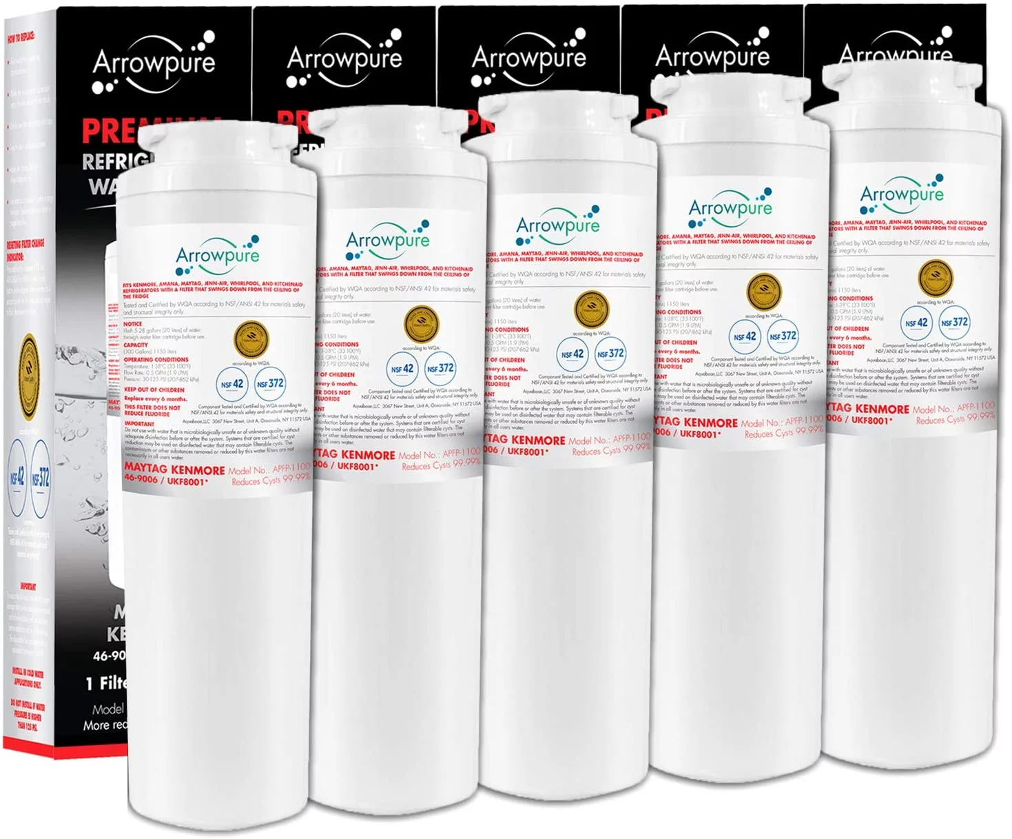 5 Pack Premium UKF8001 Refrigerator Water Filter Replacement by Arrowpure | Certified According to NSF 42&372 | Compatible with Maytag UKF8001, 67006464, 4396395, 13040210, Kenmore 469006