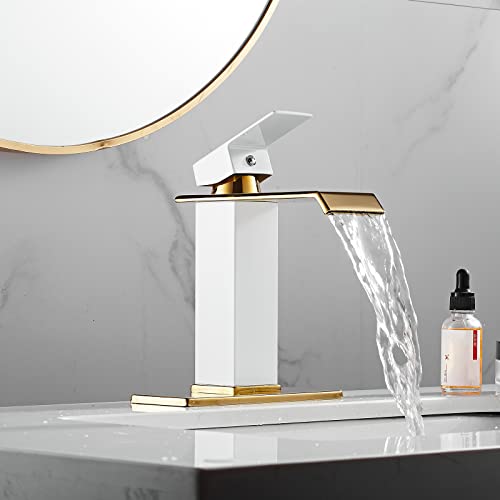 White Gold Faucet Bathroom Vessel Sink Golden Waterfall Spout Faucet Single Handle Bowl Sink Faucet Modern Single Hole Basin Vanity Tall Bathroom Sink Faucet with Pop Up Drain Stopper Supply Hose