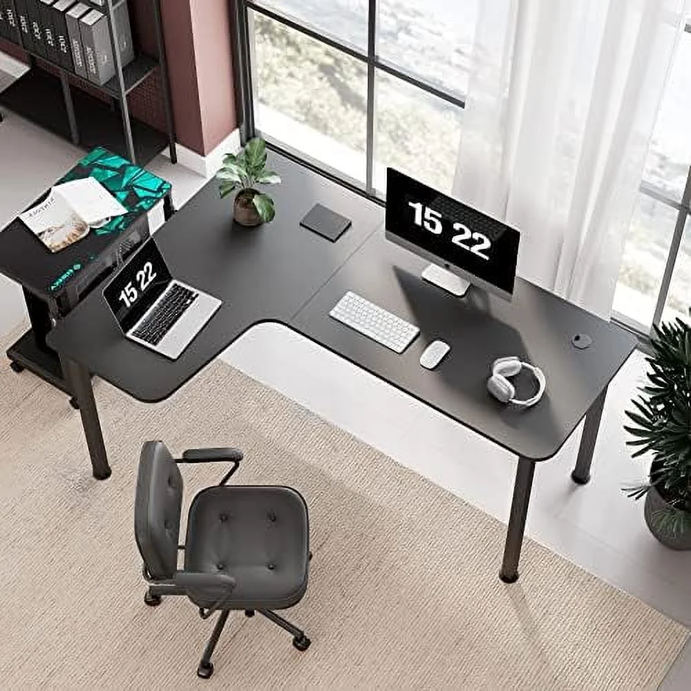 TJUNBOLIFE ERGONOMIC 60 Inch Black Corner L Shaped Computer Desk  Home Office Gaming Study Work Writing Table Long Large Sturdy Workstation Simple Modern with Metal Legs  Left Side