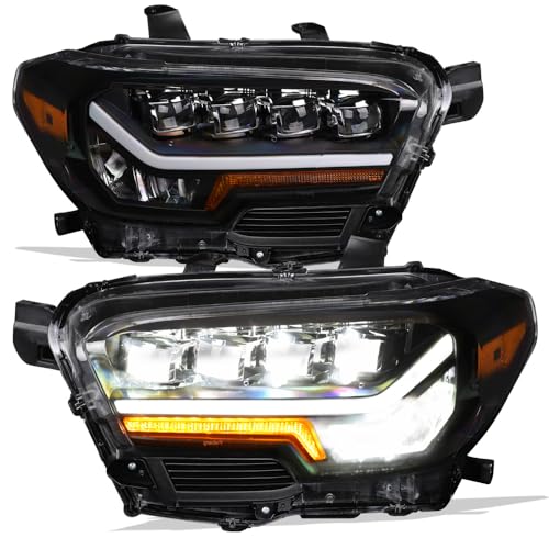 7422444293245 Compatible With 2016-2022 Toyota Tacoma Non-Factory LED DRL Black Housing Full LED Sequential Quad Projector Headlights With Amber Reflector