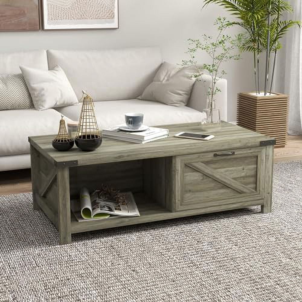 Farmhouse Coffee Table with  and Drawer  Rustic Coffee Table for Living Room  Open Shelf  White