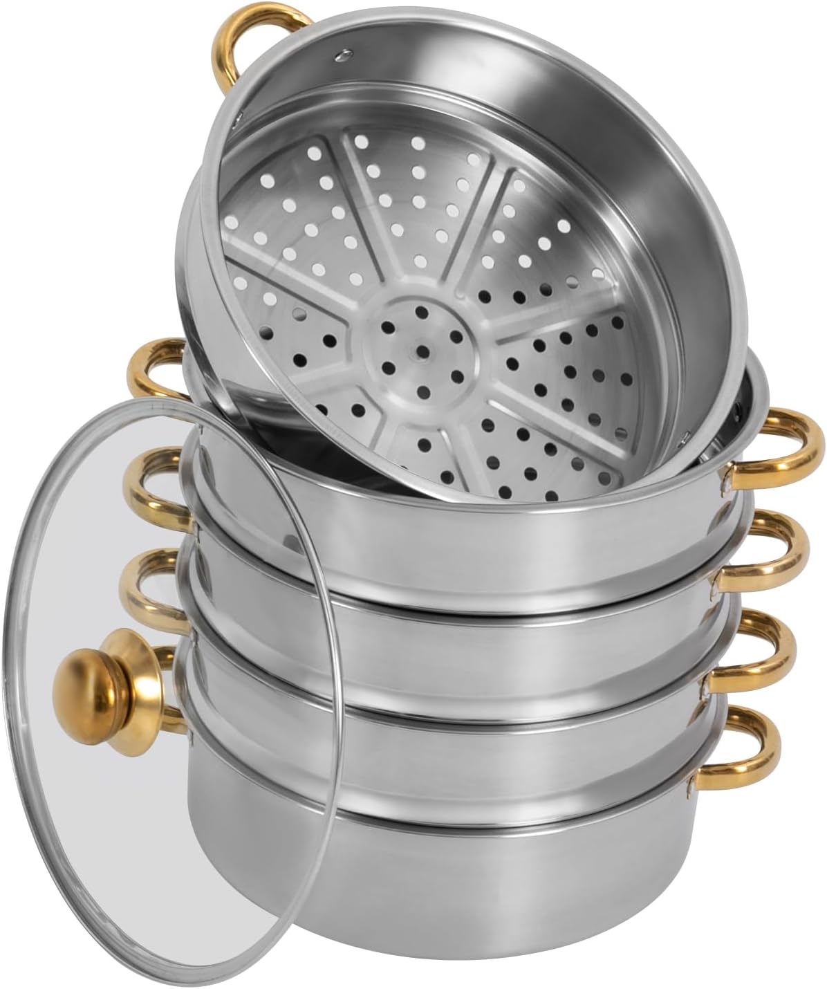 Steamer Pot 5 Tier - 26cm Stainless Steel Steamer Pot w/Glass Lid Food Veg Cooker Pot Cooking Pan Steaming Pot Dim Sum Cookware Steamer for Gas Electric Induction