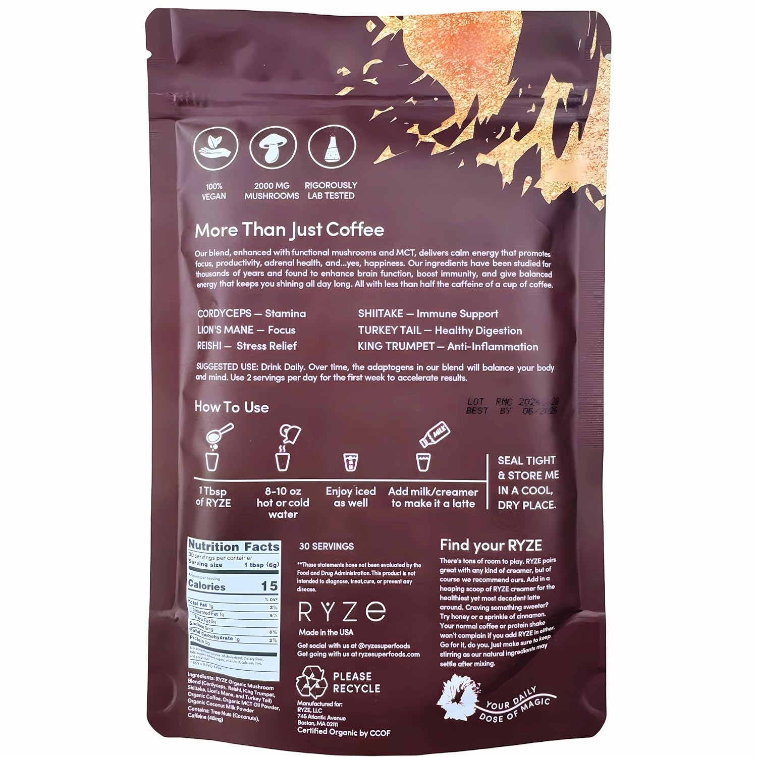 RyYZe Mushroom Coffee, Original Mushroom Coffee, Medium Roast, 6.35oz (180g), 30 Days Supply, Organic Mushroom Coffee: Energize the Day, Enhance Health