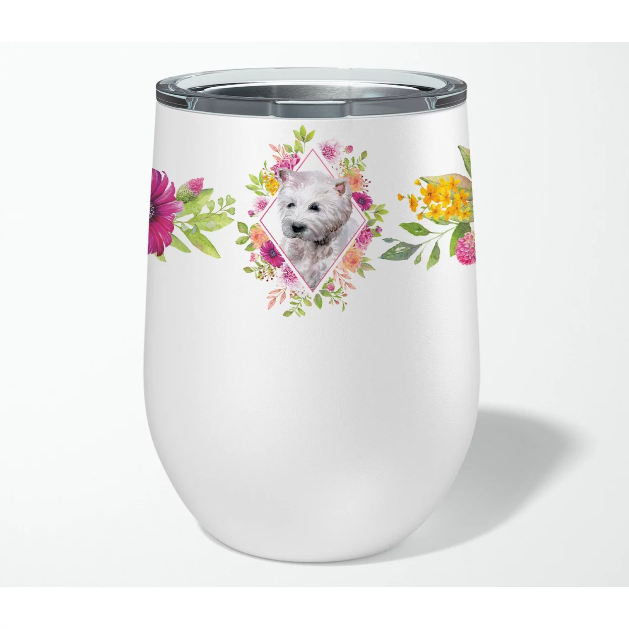 Carolines Treasures CK4193TBL12 West Highland White Terrier Pink Flowers Stainless Steel 12 oz Stemless Wine Glass, 12