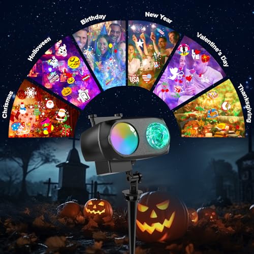 8-Pattern Halloween Projector Lights Outdoor 2-in-1, Holiday Projector Lights Outdoor 26 Effects (Projection Card +3D Ocean Wave) with Timer, Halloween Christmas Decorations Lighting for Party Decor