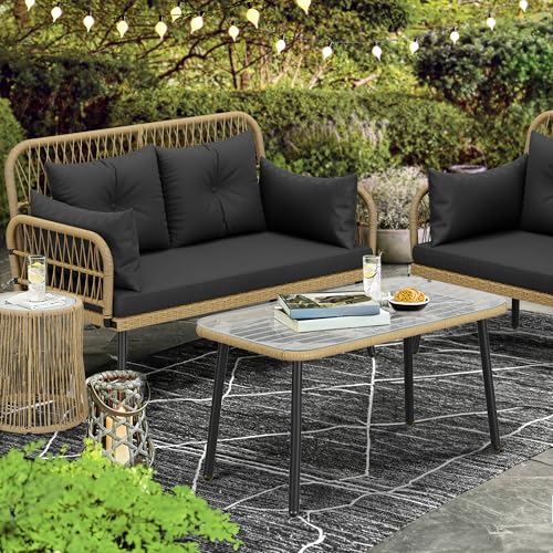 YITAHOME Patio Furniture Wicker Outdoor Loveseat, All-Weather Rattan Conversation for Backyard, Balcony and Deck with Soft Cushions (Light Brown+Black)