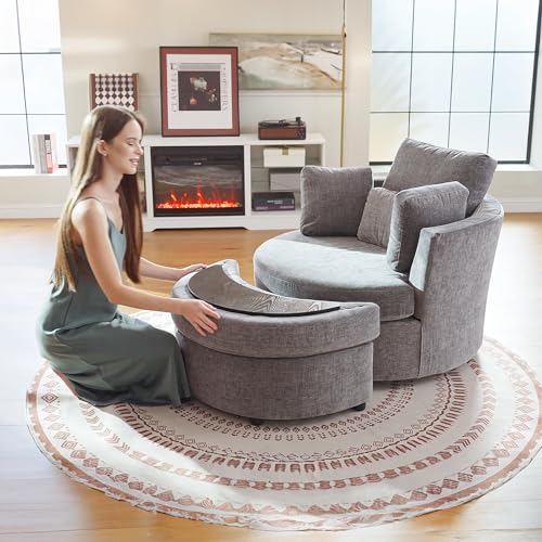 Chair and A Half with Ottoman, 360° Swivel Accent Barrel Chair Modern Comfy Round Reading Sofa Swivel Chairs Circle Lounge Chair for Bedroom Living Room w/4 Pillow Lower Seating Heigh (White, Large)