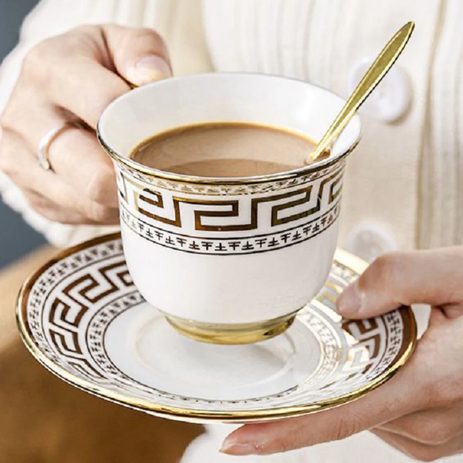 ANJORALA 13 Pcs Coffee Cup Set Europe Tea Cup Set with Golden Trim, Coffee Cups with Metal, White