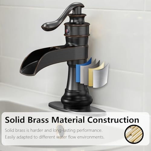 Vessel Sink Faucet, Oil Rubbed Bronze Black Bathroom Faucet, Farmhouse Waterfall Sink Faucet Single Hole with Pop Up Drain Assembly Without Overflow One Hole Mixer Tap Deck Mount
