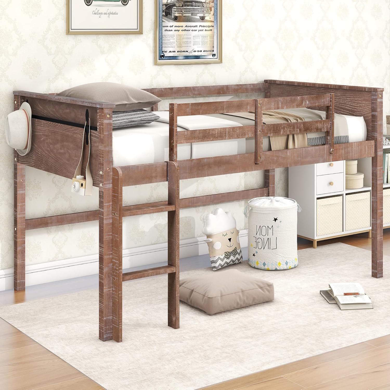 Harper & Bright Designs Low Loft Bed Twin Size for Kids, Wood Twin Size Loft Bed Frame with Hanging Clothes Rack, High Guardrail & Ladder, Twin Storage Bed for Kids Teens Boys & Girls(Twin, Natural)