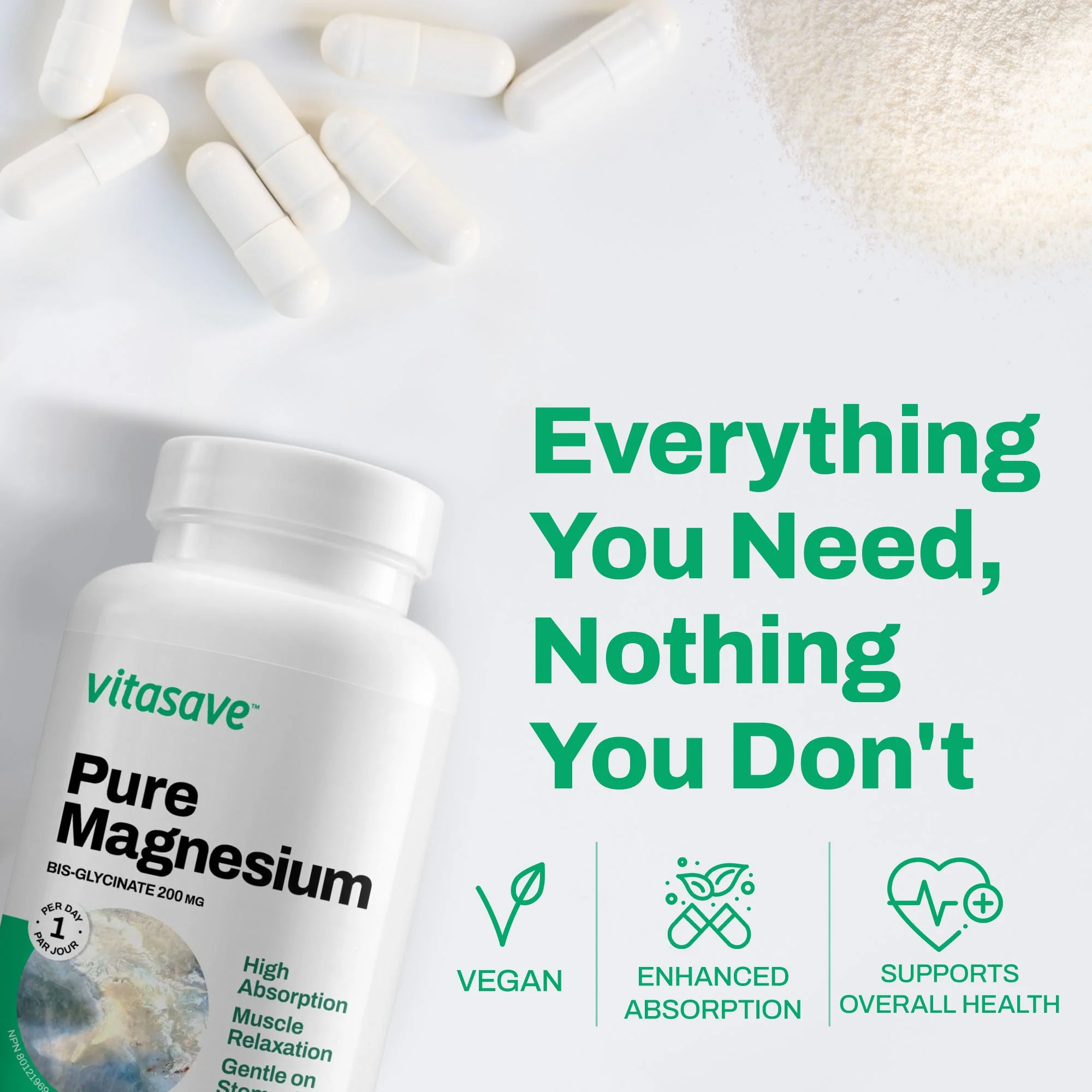 Vitasave - Pure Magnesium, 200mg Magnesium Bisglycinate Capsules, 240 Counts