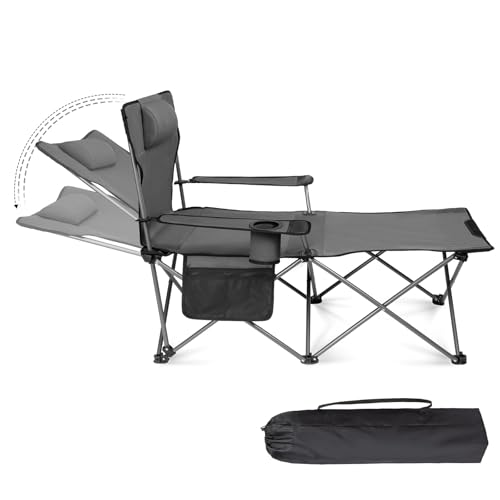 Reclining Camping Beach Chair - Folding Chairs with Footrest Lightweight Lounge with Pillow Cup Holder for Adults Outdoor Beach Patio Sport Lawn