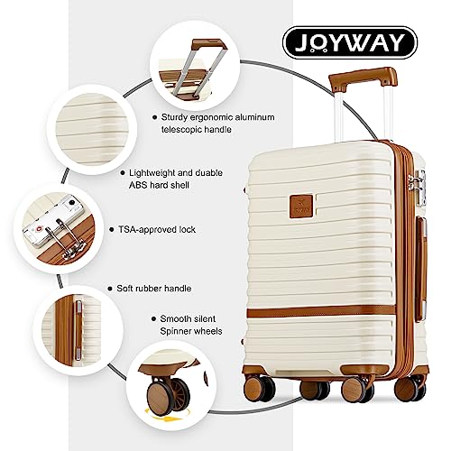 Joyway Carry On Luggage 20 Inch Expandable Suitcase with Spinner Wheel, 4 Piece Hard Shell Luggage Set with TSA Lock(White brown)