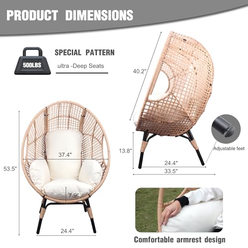 Oversized Wicker Egg Chair Outdoor Indoor,Patio Lounge Chair with Thicken Cushions, Egg Basket Chair 500lbs Capacity for Garden, Backyard, Porch,Bedroom (Beige-gezi, 1pcs)