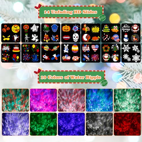 Halloween Christmas Projector Lights Outdoor, Brighter 14 HD Slides (3D Ocean Wave +Patterns) Waterproof Holiday Projector Lights Outdoor Indoor, Xmas Halloween Decorations for Yard Garden