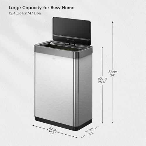 EKO Mirage-X 47 Liter / 12.4 Gallon Touchless Rectangular Motion Sensor Trash Can with Removable Liner, Brushed Stainless Steel Finish