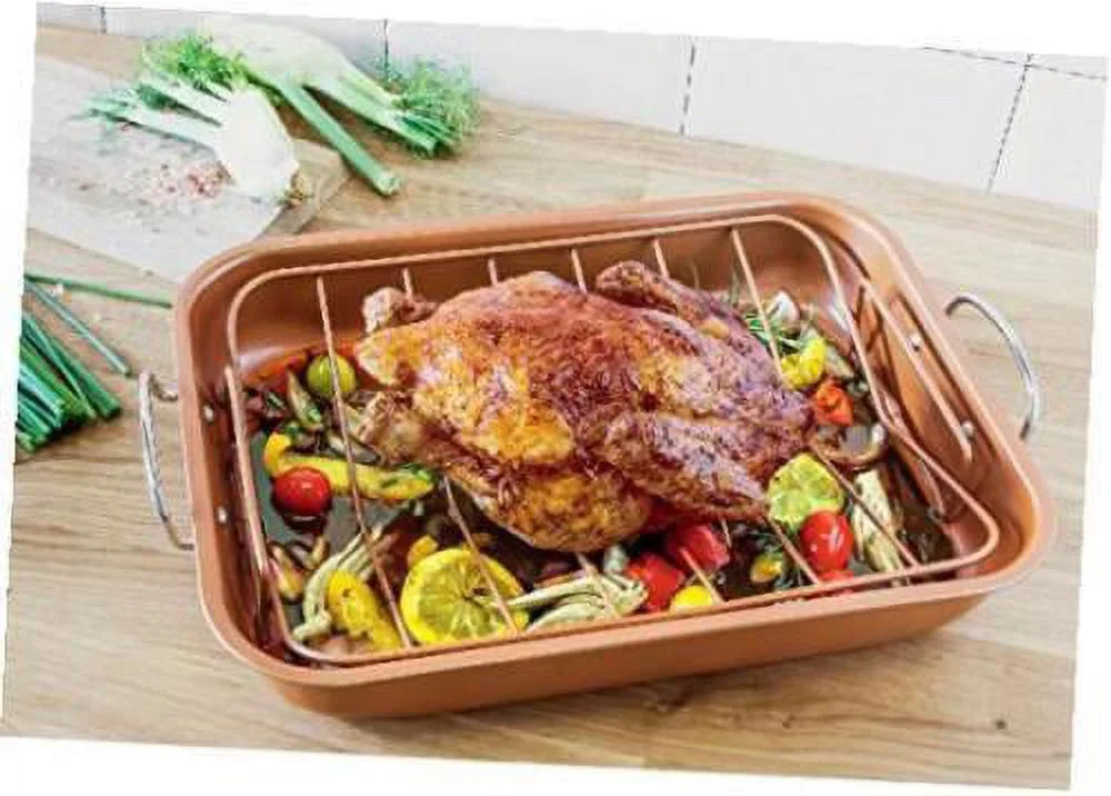 Copper Roasting Pan Roaster Cookware with Nonstick Rack Lasagna Bake Dish Open