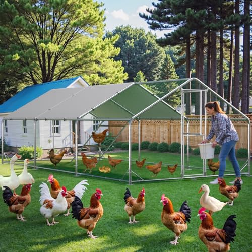 Large Chicken Coop,Metal Chicken Run for Yard with Feeding Door,Walk-in Chicken Pen for 20-30 Chickens,Outdoor Poultry Cage with Anti-UV Cover,Duck Rabbit House