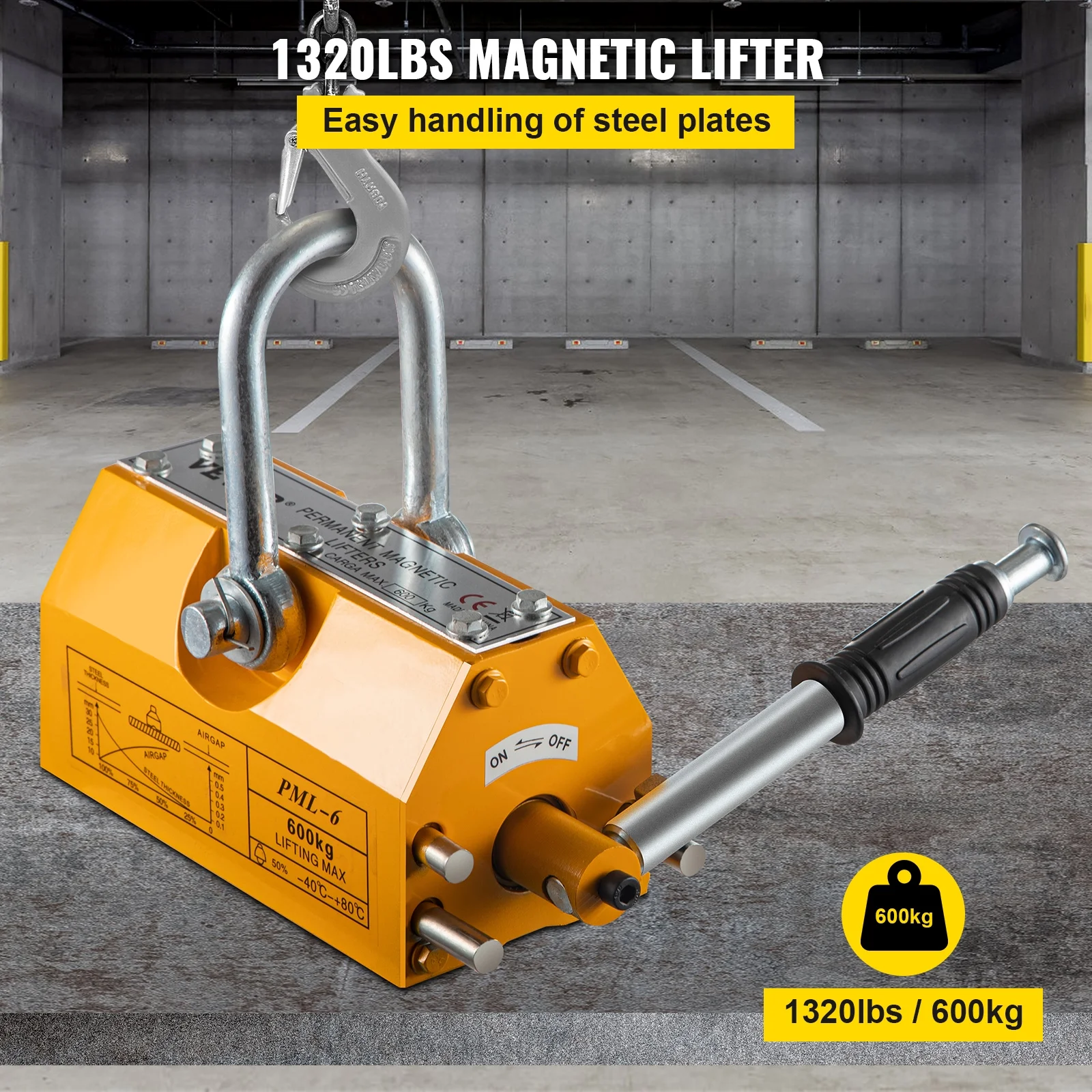 VEVOR Magnetic Lifter 1320LBS Capacity, 600KG Steel Lifting Magnet , Permanent Magnetic Lift Hoist Shop Crane with Handle, Heavy Duty Metal Lifting Magnet for Material Lifting Equipment in Yellow