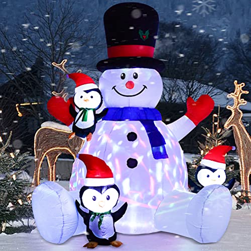 DearHouse 7Ft Lighted Christmas Inflatable Snowman with Three Cute Penguins, Rotating 7 Color Changing Lights Building 3 LED Lights Outdoor Indoor Holiday Yard Inflatables Home Decor