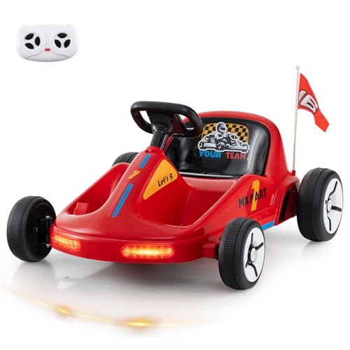 Costzon Kids Electric Go Kart, 12V 7AH Battery Powered Ride on Race Toy Car with Remote Control, LED Lights, Music, Story, Wireless Connection & Flags, Electric Kart for Aged 3+, Gift (Red)